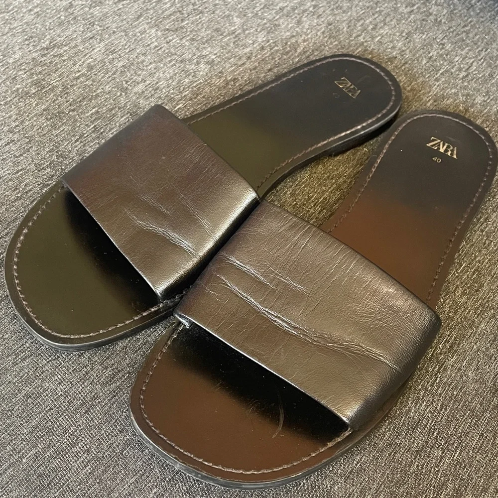 ZARA super minimalistic slides sandals flats black leather EU 40 US 9,5 - Picture 6 of 10